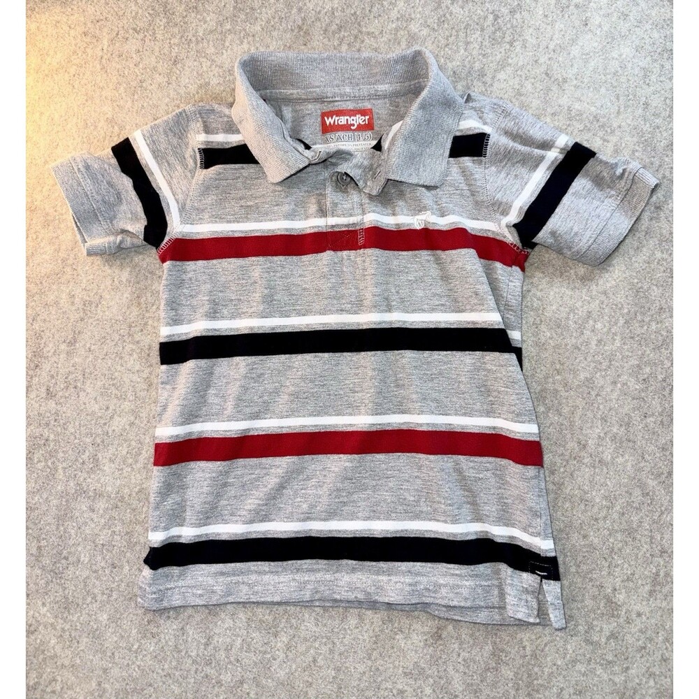 Wrangler Boys Size XS (4/5) Gray Red Black Stripe Polo Short Sleeve